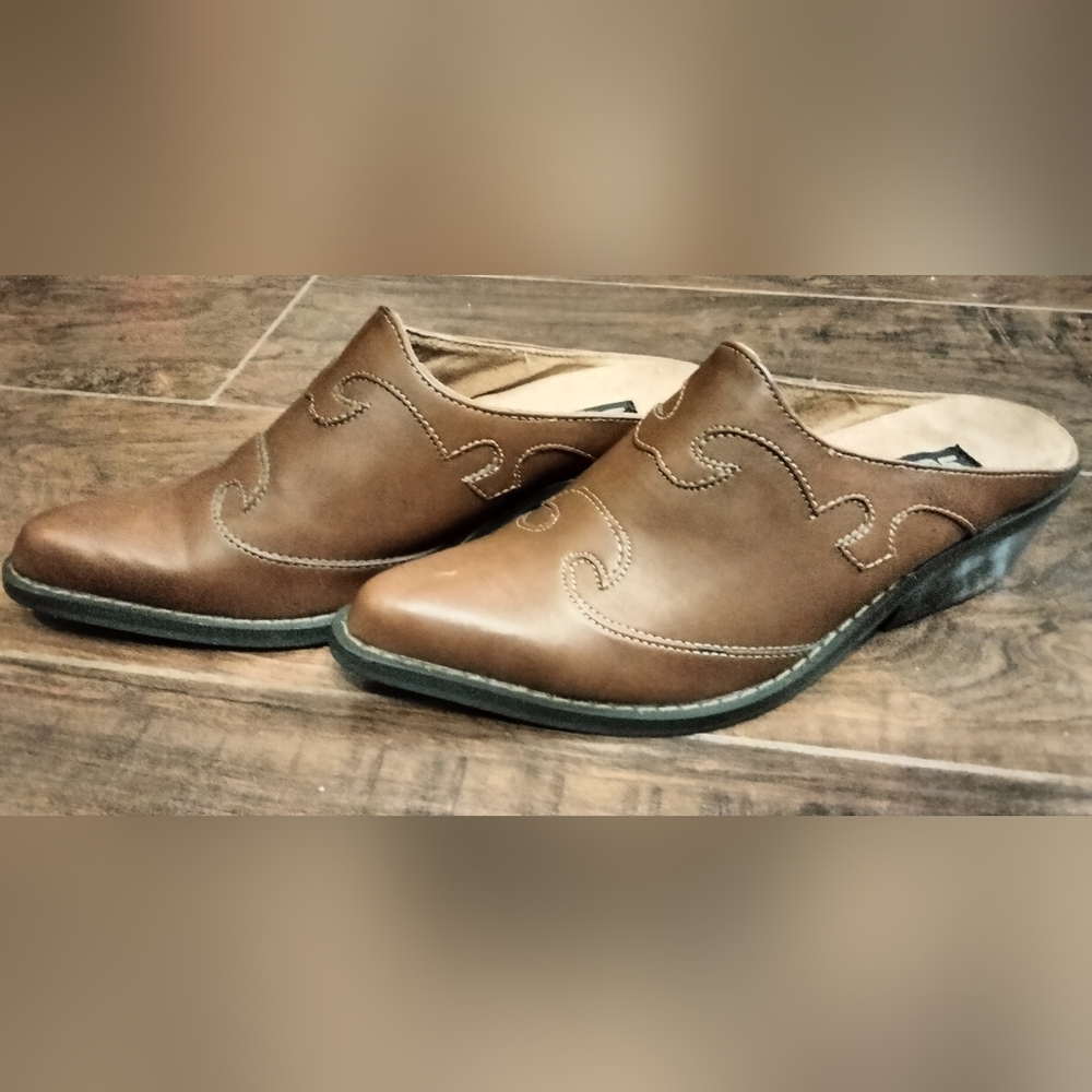Brown leather Western clogs